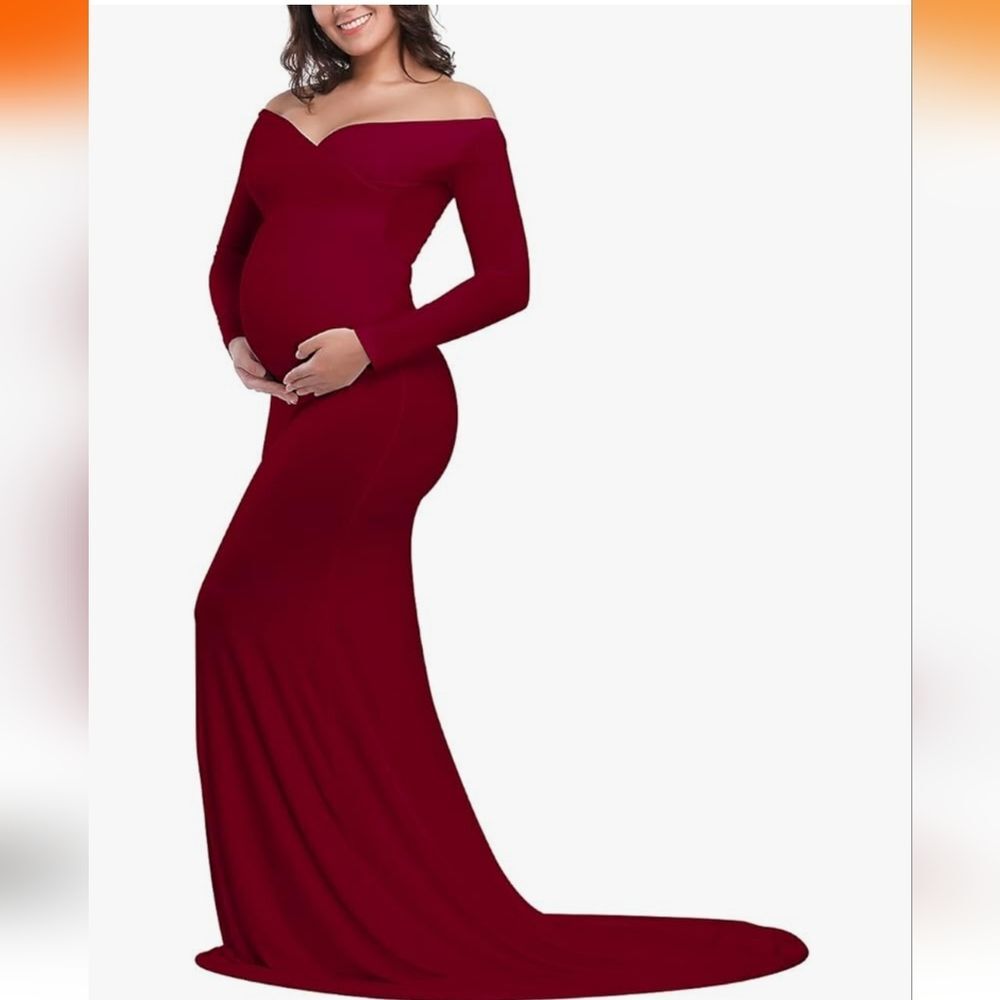 Maternity Fitted Gown Off The Shoulder Maxi Stretch Elegant Burgundy Size Medium